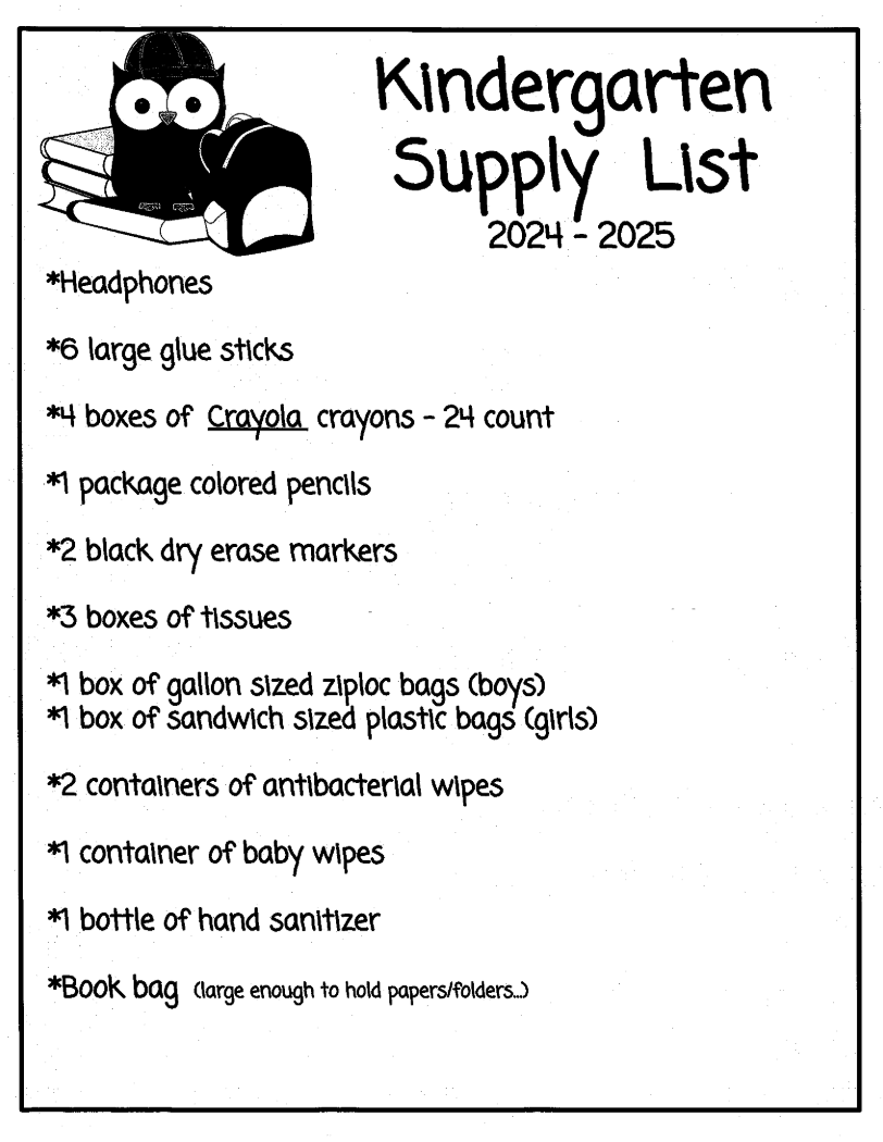 Kindergarten School Supply List